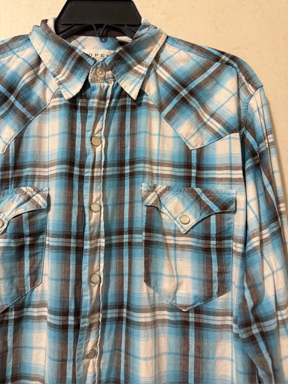 Roper Western Pearl Snap Plaid Shirt White Gray Blue Size Medium